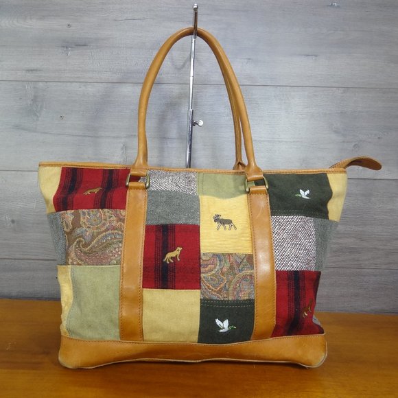 Vintage L.L. Bean Canvas Patchwork Leather Tote Shoulder Bag Handbag Purse